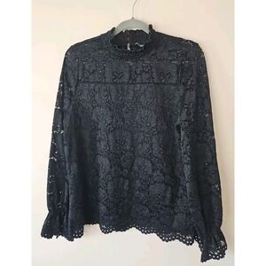 Adrianna Papell Blouse L Women Black Lace Ruffle Lined Whimsigoth Dark Fairy